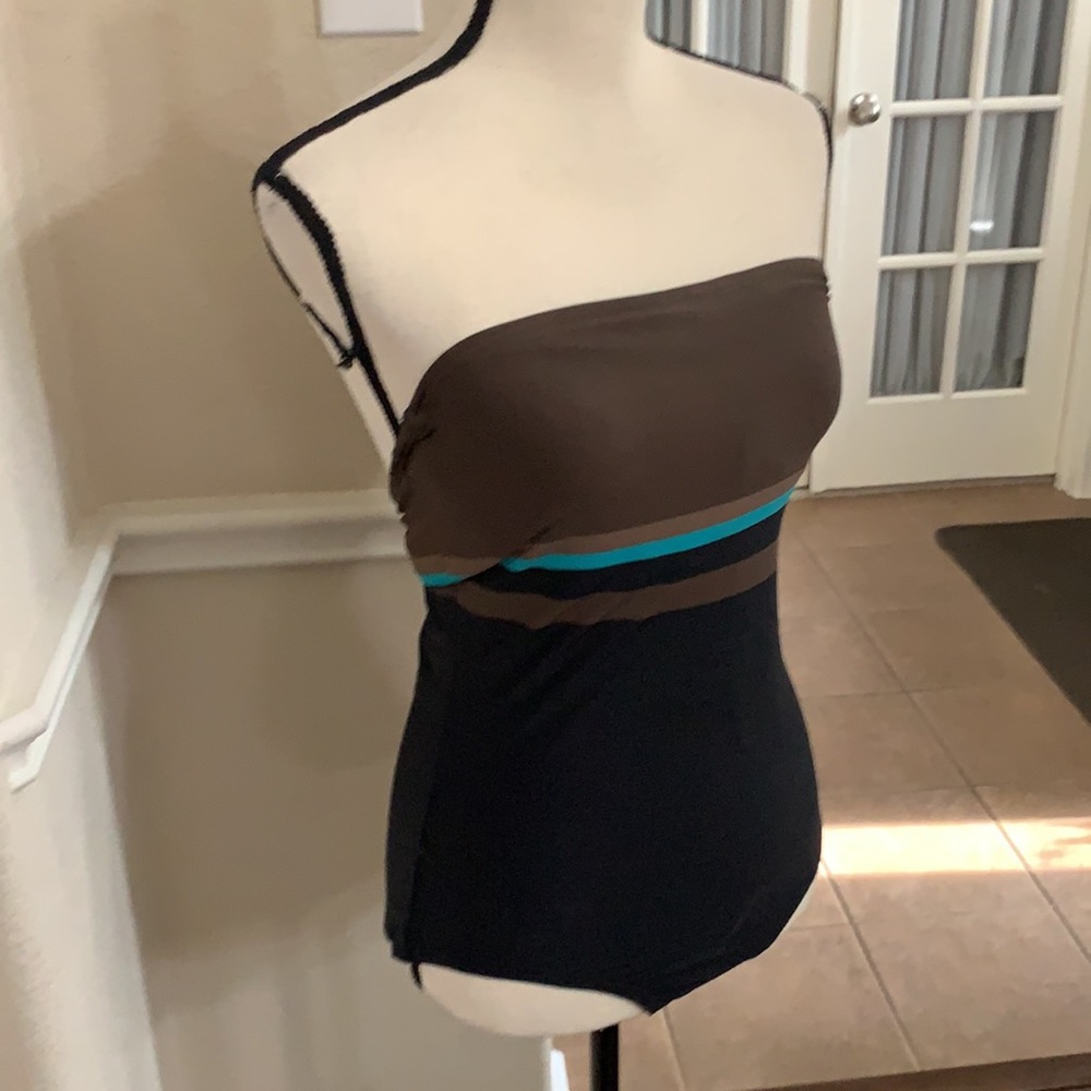 DKNY black, brown & teal striped one piece swimsuit halter Size M - Picture 5 of 17